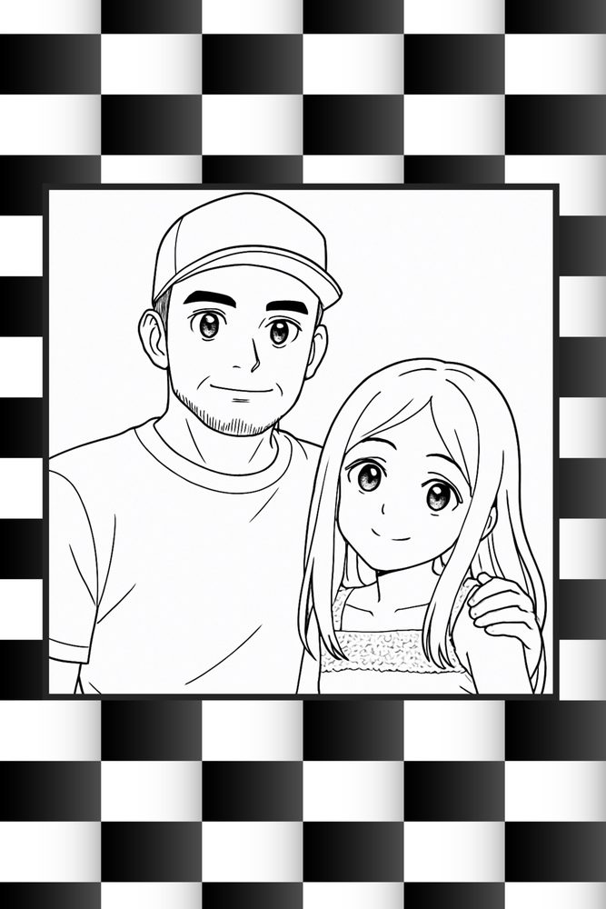Robot-drawn anime-style line art of a father in a cap and his daughter with long hair, on a black and white checkered race-themed background