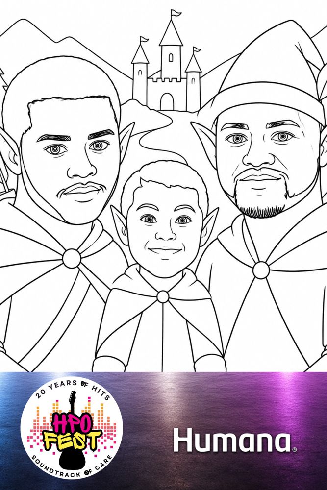 Robot-drawn line-art caricature of three guests as fantasy elves with pointed ears and cloaks, a castle behind them, printed on a 4x6 with a custom event branding strip